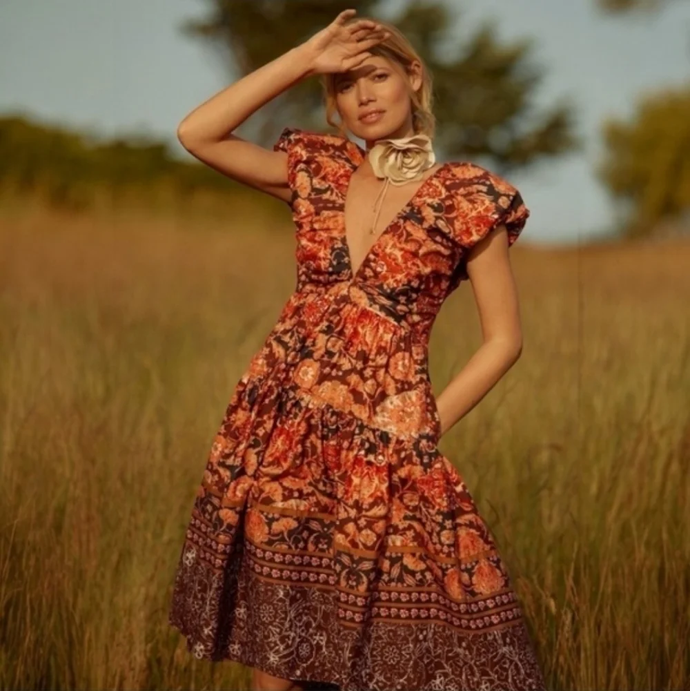 By Anthropologie Cotton Floral babydoll Midi dress Deep V Flora